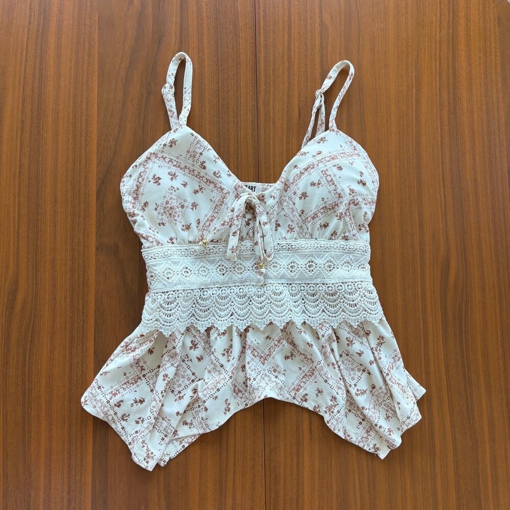 Y2K Style Derek Heart Babydoll Flowy Boho Top Handkerchief Hem Summer Cami Small